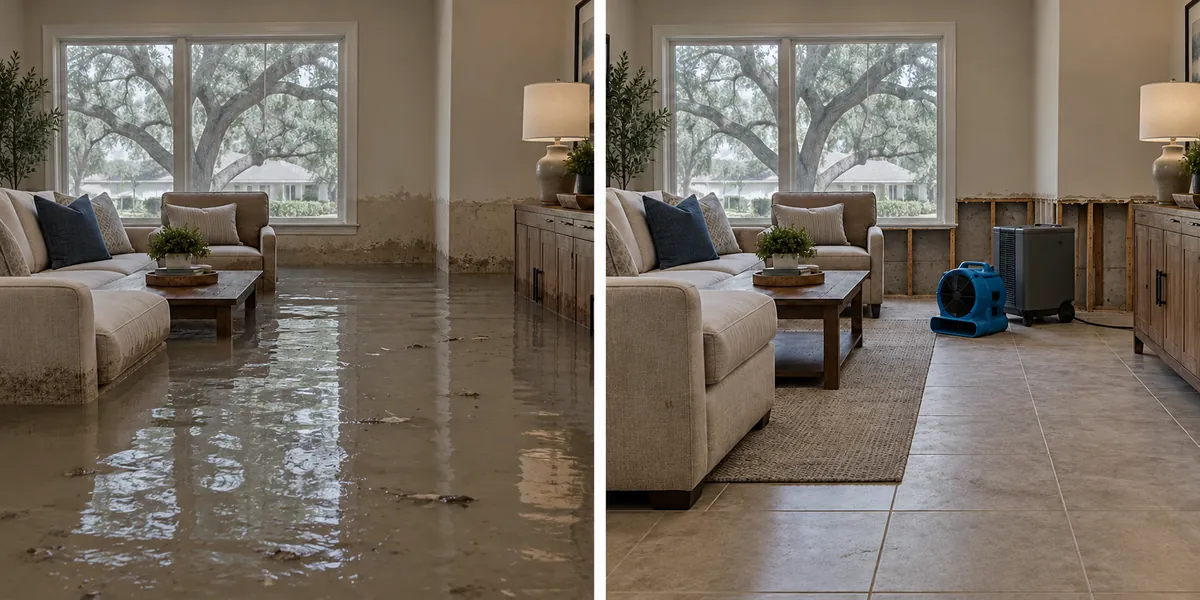 Matched illustrative room views before water removal and after mitigation