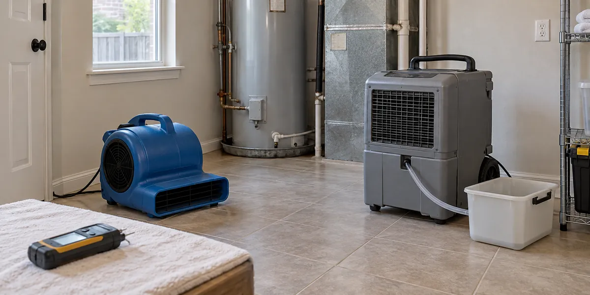 Illustration of an air mover and dehumidifier set up in a utility room