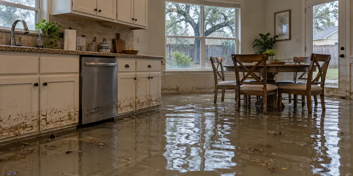 Illustration of deep floodwater in a kitchen and breakfast room